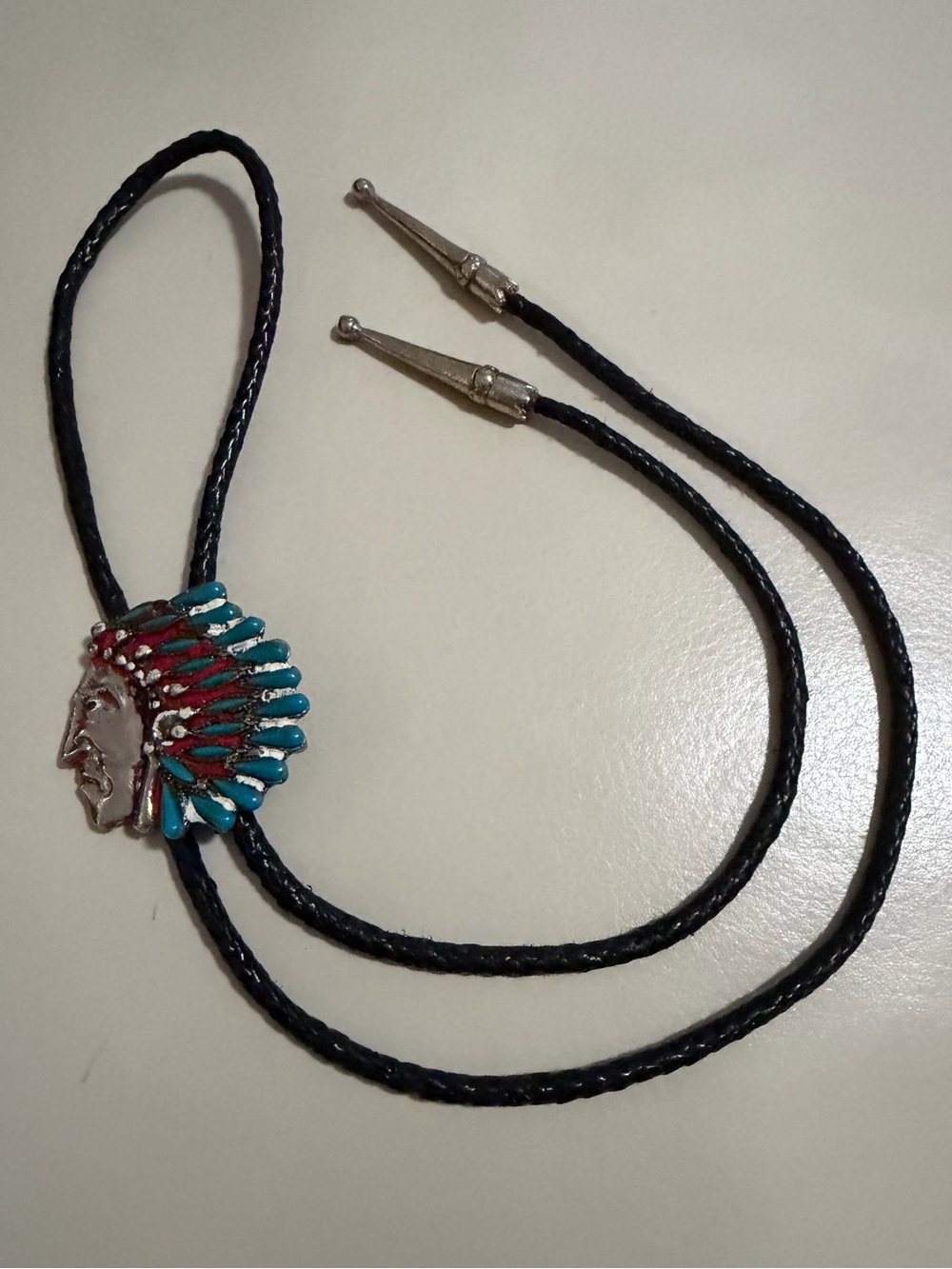 Leather Bolo Tie with Turquoise & Red Headdress Accent